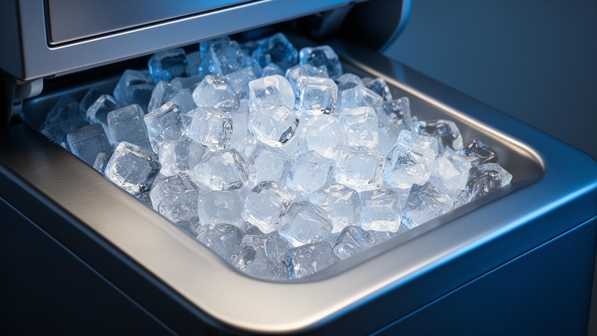 Nugget ice spilling out of a countertop ice maker